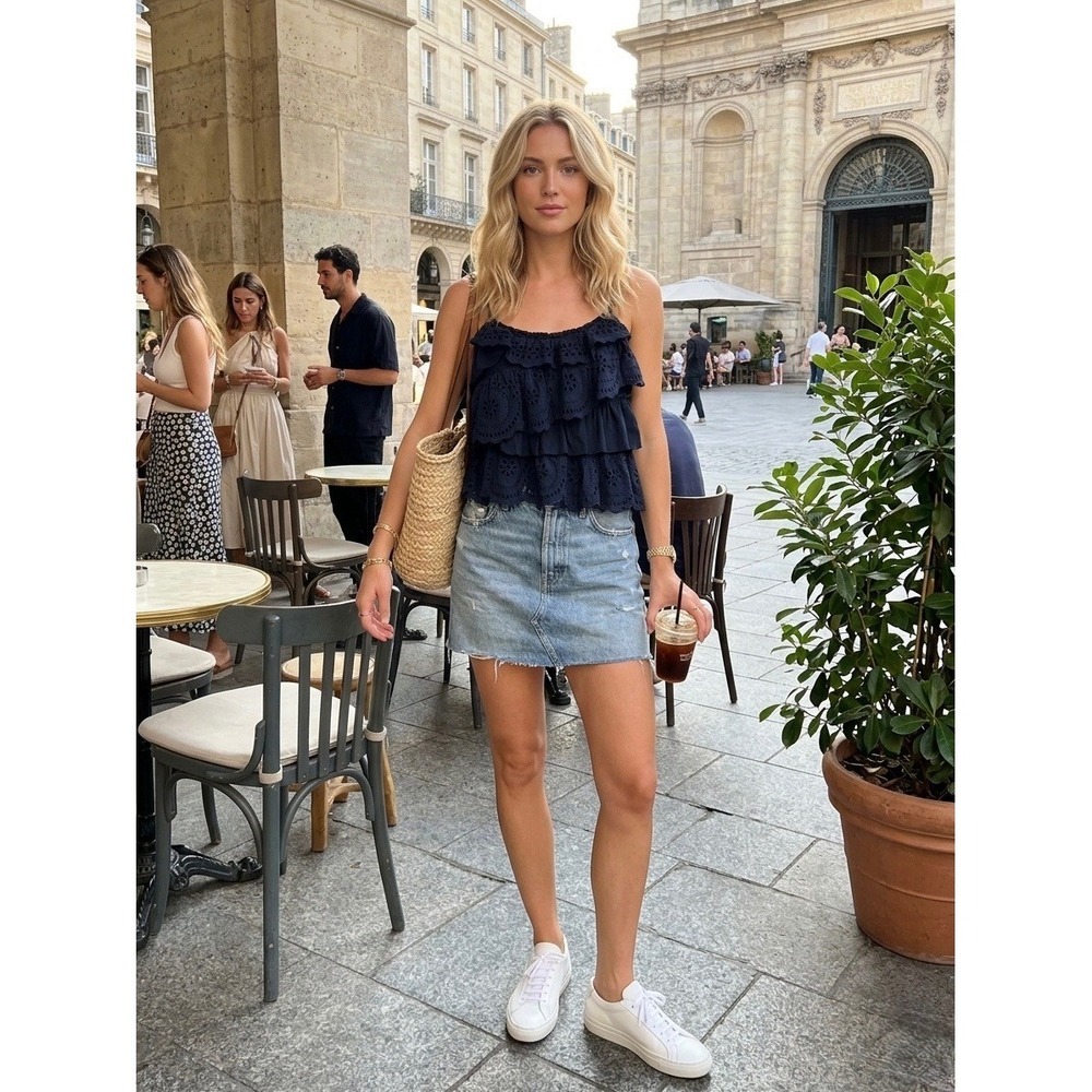 Abercrombie & Fitch Navy Blue Eyelet Lace Tiered Ruffle Camisole Top Small